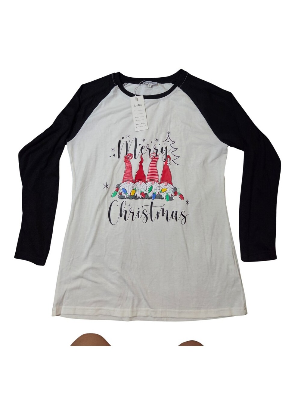 Gnome Christmas T-Shirt Ringer Tee Womens S Black White Holiday Cute Kitsch NEW